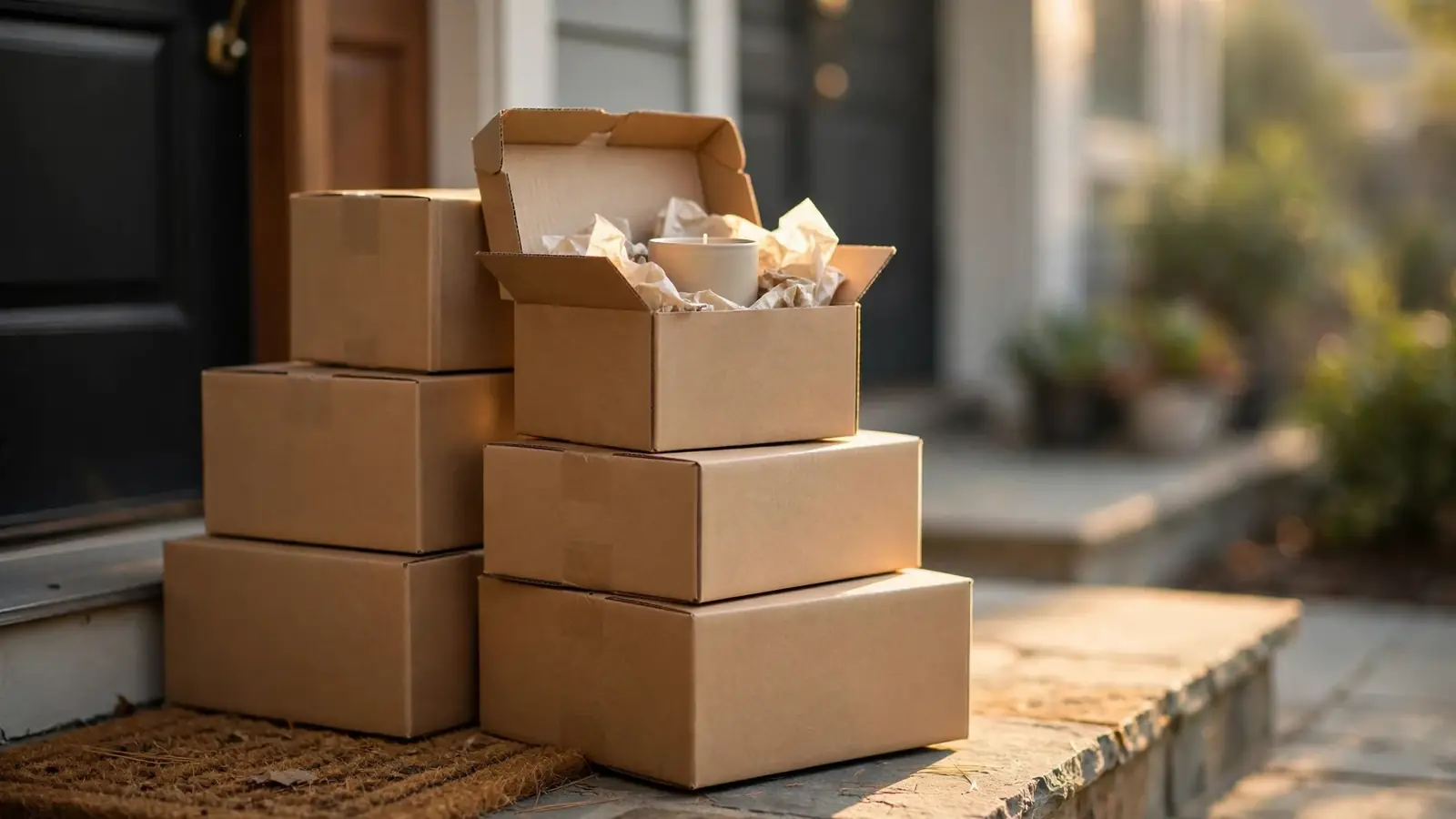 DTC shipping boxes stacked on a doorstep in warm morning light