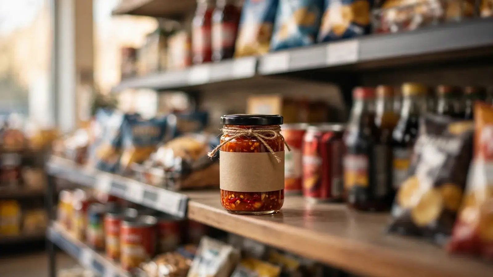 A small independent food brand's jar on a grocery store shelf among big corporate brands
